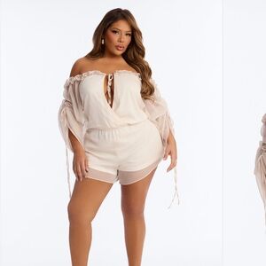 Fashion Nova Cream Off-Shoulder Romper